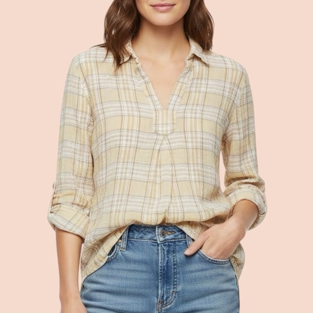 Sundance‎ Cotton Molly Beige and Yellow Plaid Pullover Shirt Sz XL